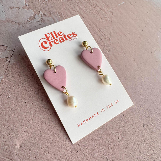 BLUSH PINK HEAR & FRESHWATER PEARL STATEMENT EARRINGS