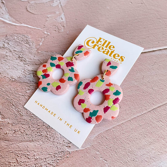 SPECKLED PINK & COLOURFUL TERRAZZO FLOWER STATEMENT EARRINGS