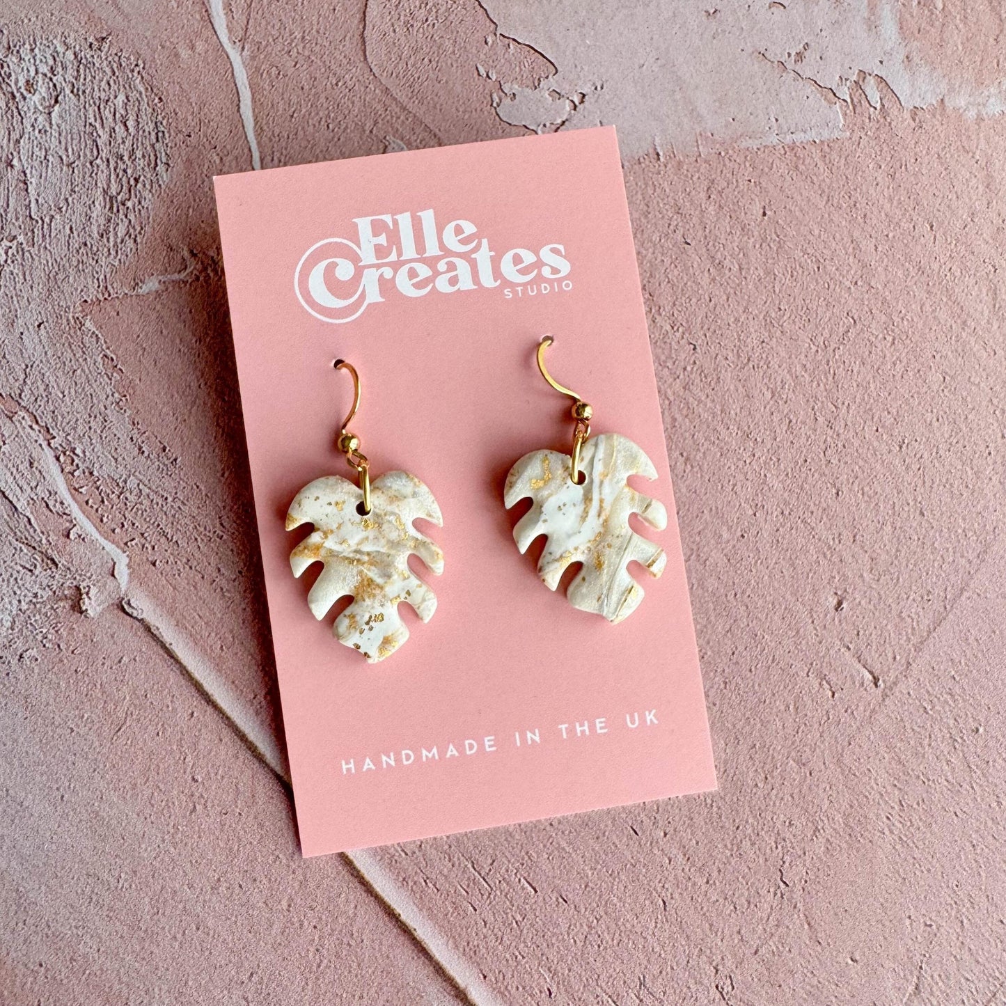 GOLD & WHITE MARBLED MONSTERA LEAF STATEMENT EARRINGS