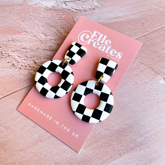 BLACK & WHITE CHECKERED DONUT STATEMENT EARRINGS