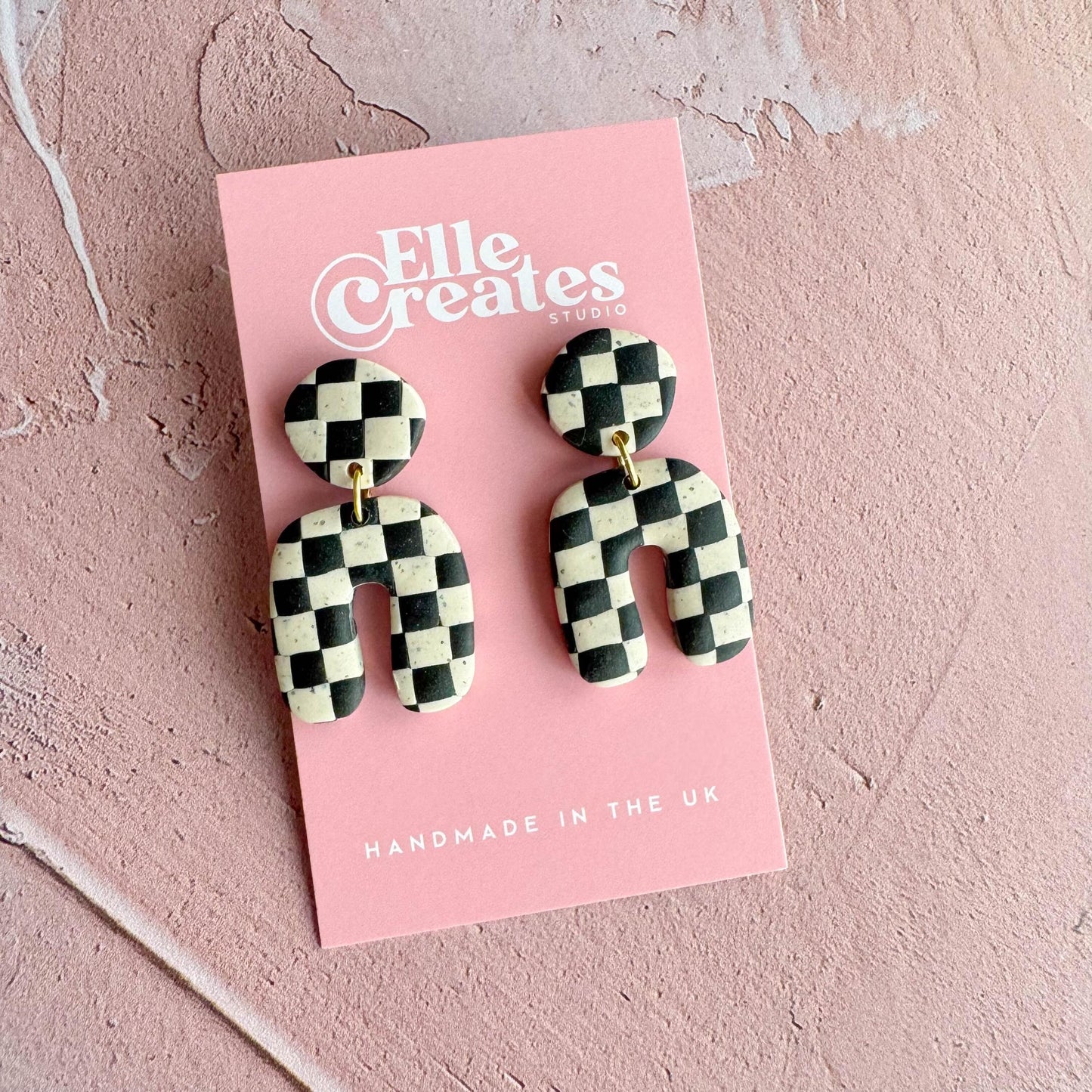 SPECKLED CREAM & BLACK CHECKERED ARCH STATEMENT EARRINGS