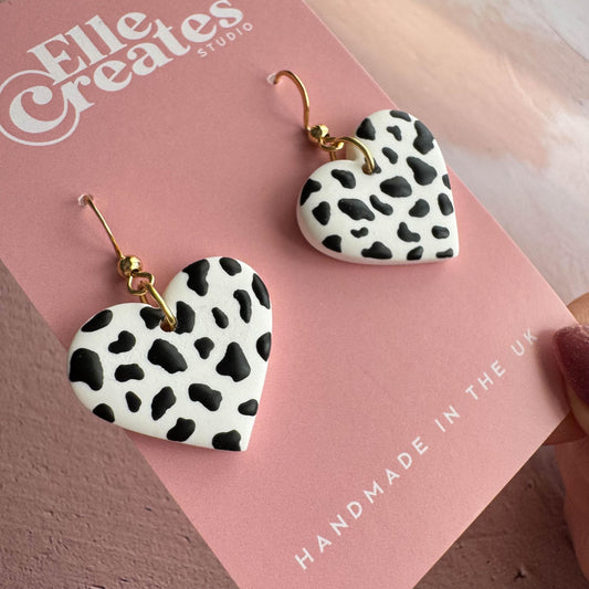 DALMATIAN PRINT HEART STATEMENT EARRINGS