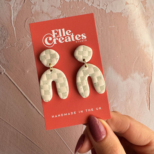 PALE PINK & SPECKLED WHITE CHECKERED ARCH STATEMENT EARRINGS