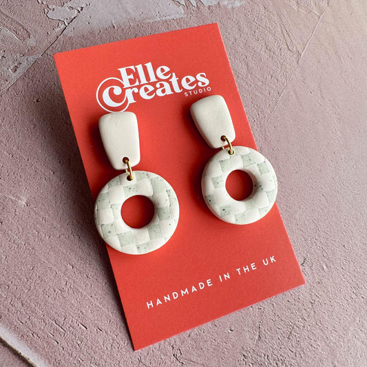 PALE PINK & SPECKLED WHITE CHECKERED DONUT STATEMENT EARRINGS