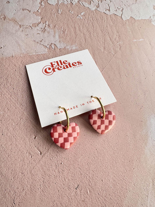 PINK & RED CHECKERED HEART HOOP STATEMENT EARRINGS