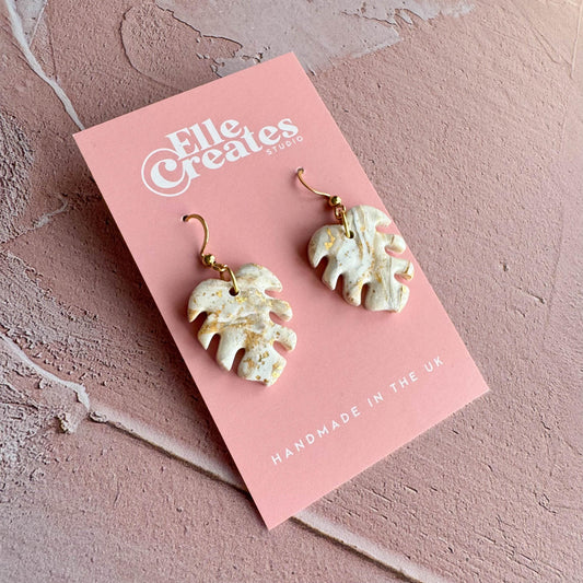 GOLD & WHITE MARBLED MONSTERA LEAF STATEMENT EARRINGS