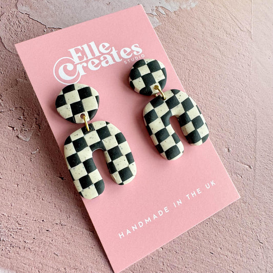 SPECKLED CREAM & BLACK CHECKERED ARCH STATEMENT EARRINGS
