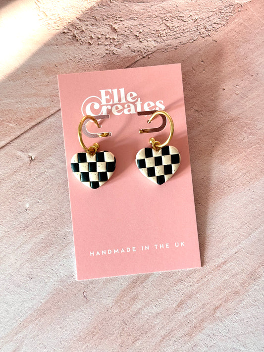 CHECKERED HEART HOOP STATEMENT EARRINGS