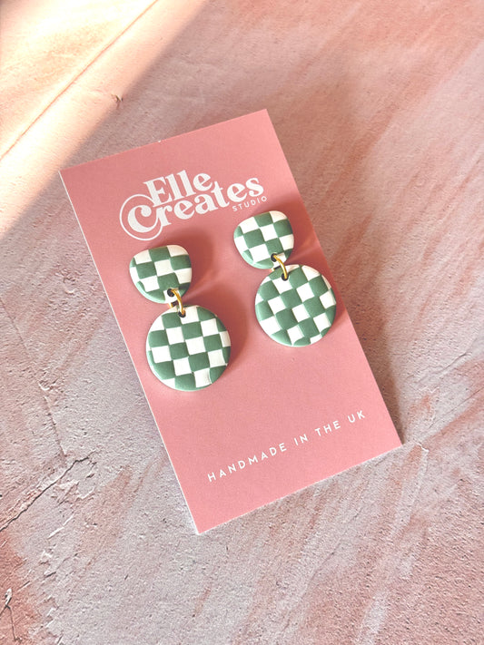 SAGE CHECKERED CIRCLE DROP STATEMENT EARRINGS