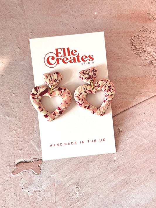 BURGUNDY MARBLE HEART STATEMENT EARRINGS