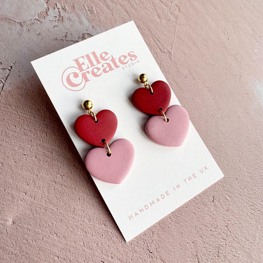 RED & BLUSH PINK TIERED HEART STATEMENT EARRINGS