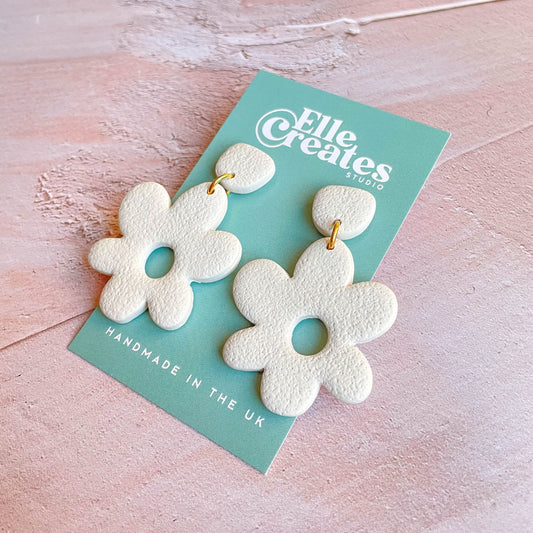 LARGE CREAM WONKY FLOWER STATEMENT EARRINGS