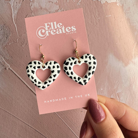 DALMATIAN PRINT HEART DONUT STATEMENT EARRINGS