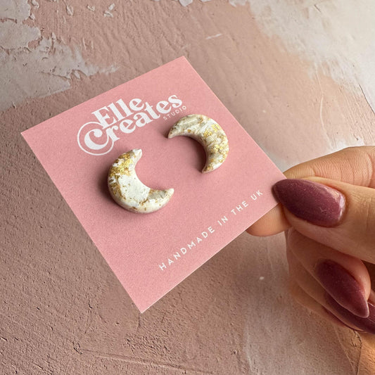 GOLD & WHITE MARBLE MOON STUD EARRINGS