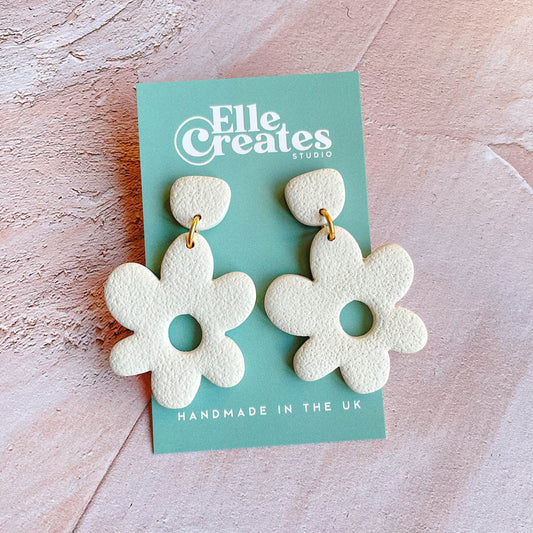 LARGE CREAM WONKY FLOWER STATEMENT EARRINGS