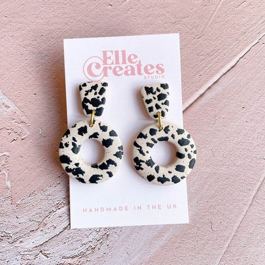 ANIMAL PRINT SPECKLED WHITE & BLACK DONUT STATEMENT EARRINGS