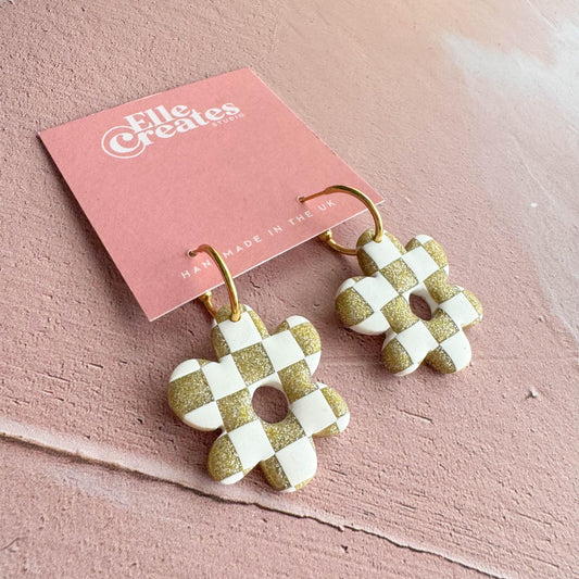 GOLD & WHITE CHECKERED WONKY FLOWER STATEMENT EARRINGS