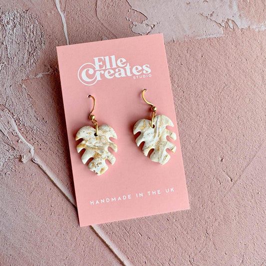 GOLD & WHITE MARBLED MONSTERA LEAF STATEMENT EARRINGS