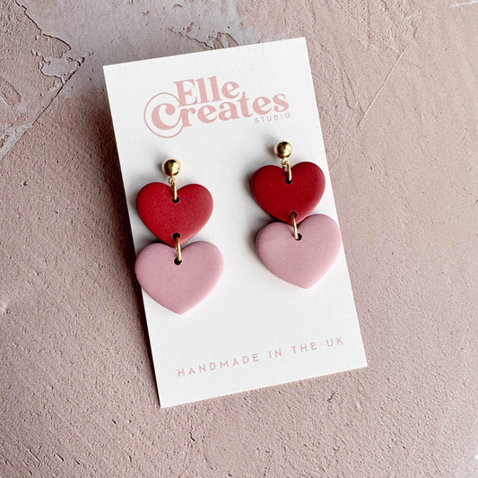 RED & BLUSH PINK TIERED HEART STATEMENT EARRINGS