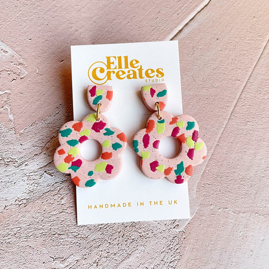 SPECKLED PINK & COLOURFUL TERRAZZO FLOWER STATEMENT EARRINGS