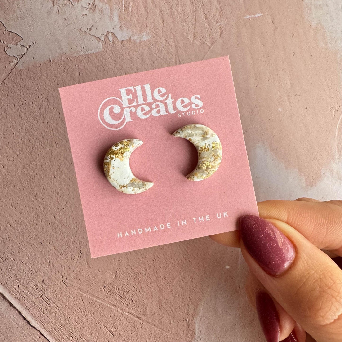 GOLD & WHITE MARBLE MOON STUD EARRINGS