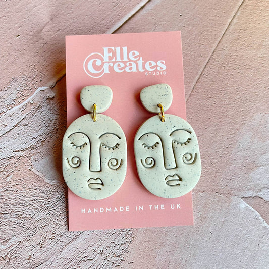 LARGE SPECKLED WHITE BLUSHING FACE STATEMENT EARRINGS