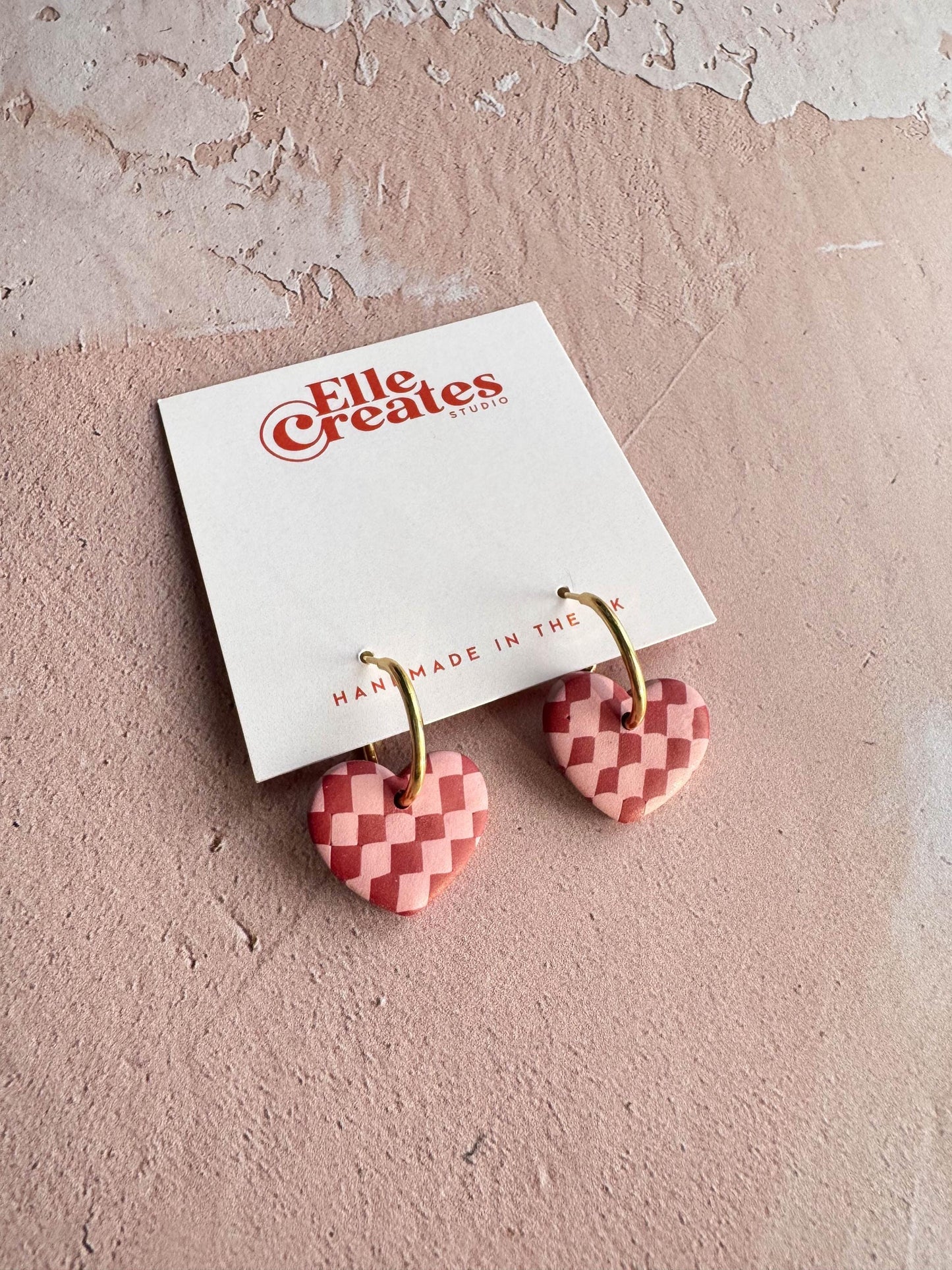 PINK & RED CHECKERED HEART HOOP STATEMENT EARRINGS