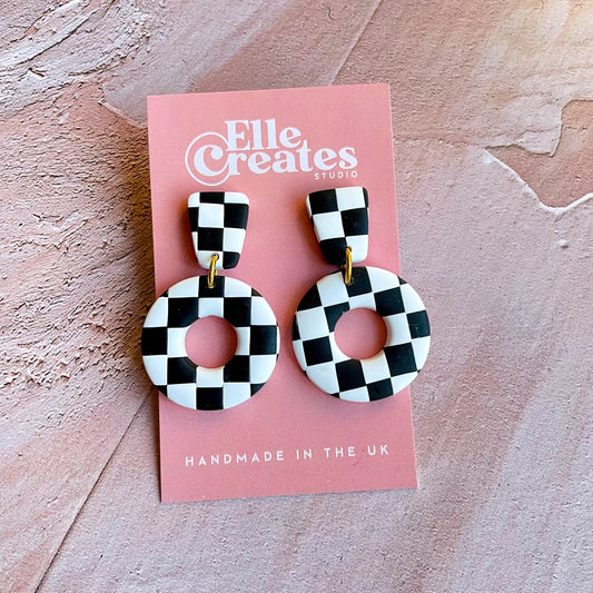 BLACK & WHITE CHECKERED DONUT STATEMENT EARRINGS