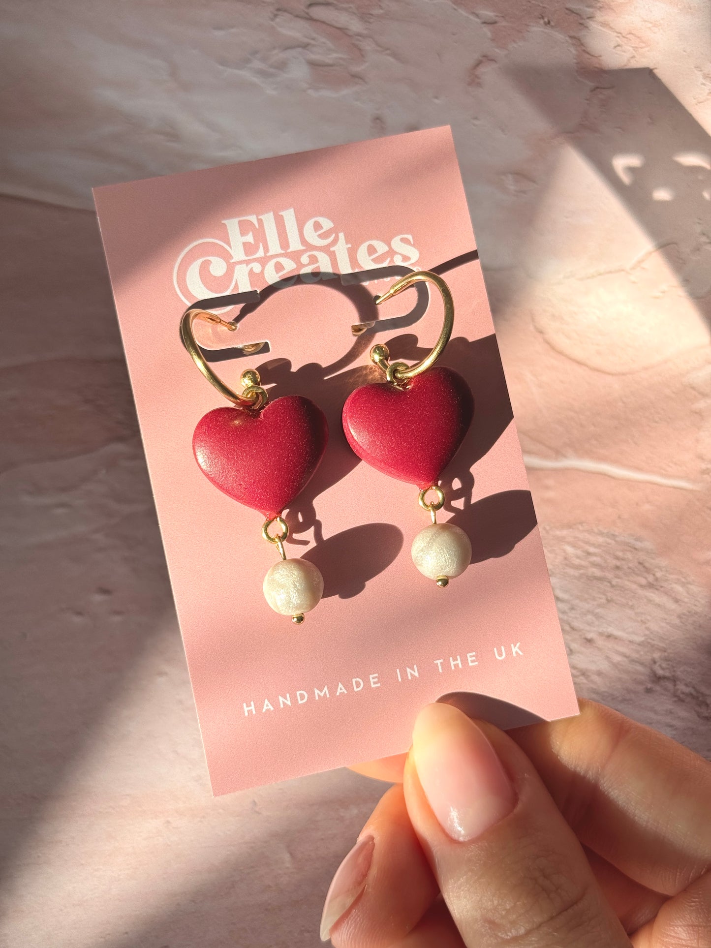 BURGUNDY PUFFY HEART & CLAY PEARL STATEMENT HOOP EARRINGS