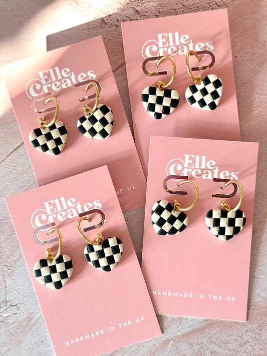 CHECKERED HEART HOOP STATEMENT EARRINGS