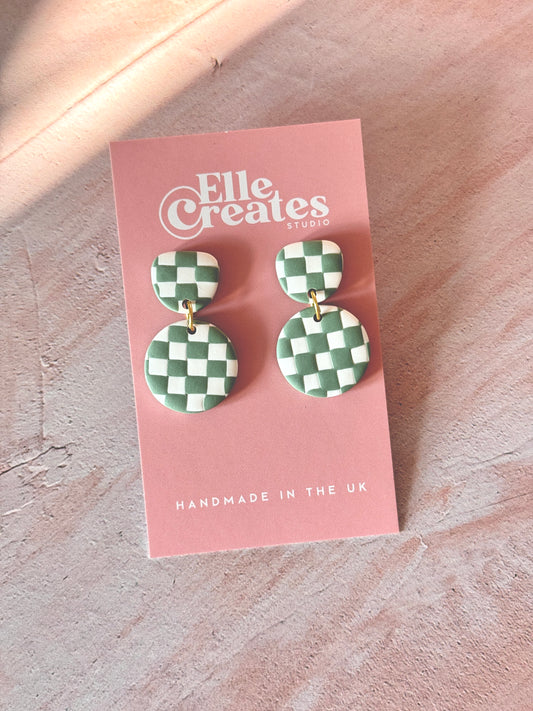 SAGE CHECKERED CIRCLE DROP STATEMENT EARRINGS