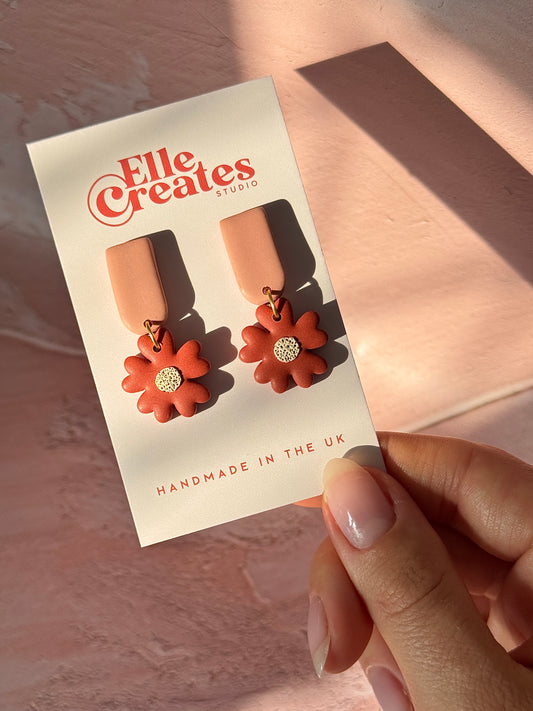 TERRACOTTA & BLUSH FLOWER STATEMENT EARRINGS