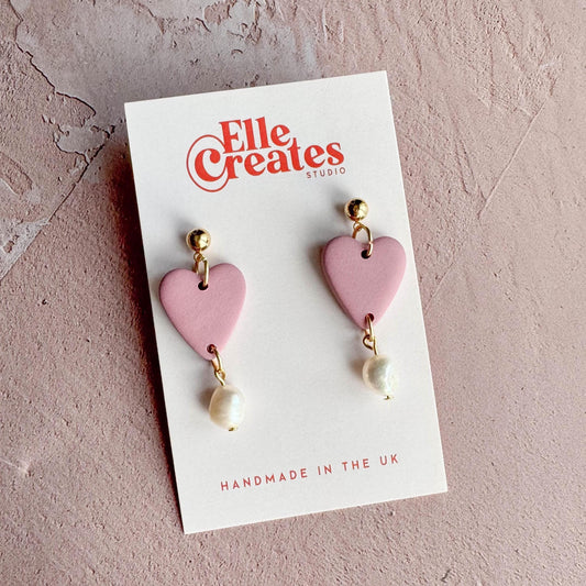 BLUSH PINK HEAR & FRESHWATER PEARL STATEMENT EARRINGS