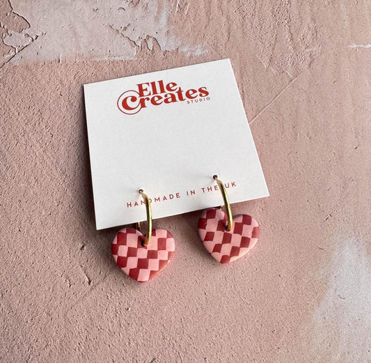 PINK & RED CHECKERED HEART HOOP STATEMENT EARRINGS