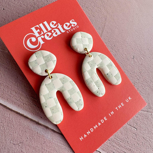 PALE PINK & SPECKLED WHITE CHECKERED ARCH STATEMENT EARRINGS
