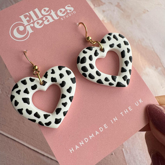 DALMATIAN PRINT HEART DONUT STATEMENT EARRINGS